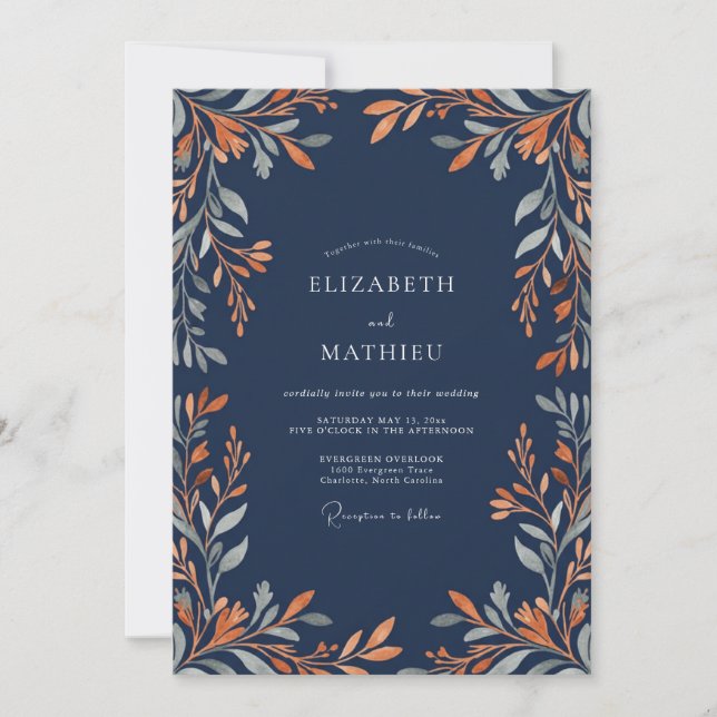 Slate Copper Leafy Wedding Invitation (Front)