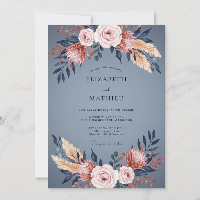 Slate Copper Protea Eucalyptus Wedding Invitation (Front)