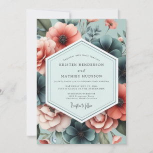 Slate Coral Artistic Flora Wedding Invitation