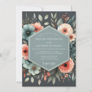 Slate Coral Botanical Wedding Invitation