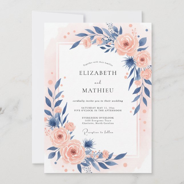 Slate Coral Foliage Eucalyptus Wedding Invitation (Front)