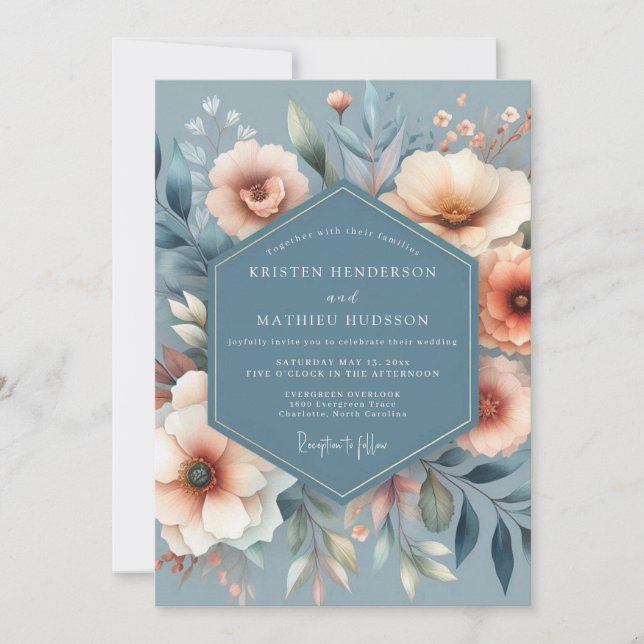 Slate & Coral Painted Bloom Wedding Invitation (Front)