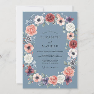 Slate Coral Peony Wedding Invitation