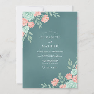Slate Coral Ranunculus Dusty Eucalyptus Wedding Invitation