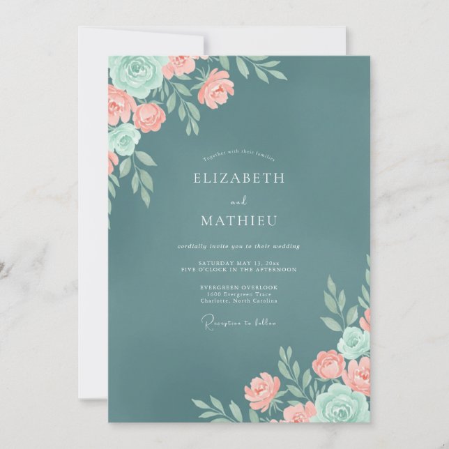 Slate Coral Ranunculus Dusty Eucalyptus Wedding Invitation (Front)