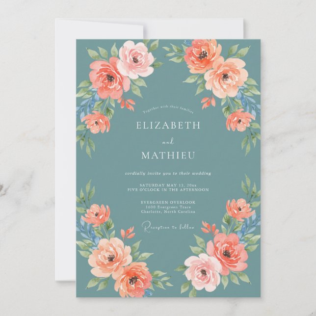 Slate Coral Ranunculus Eucalyptus Wedding Invitation (Front)