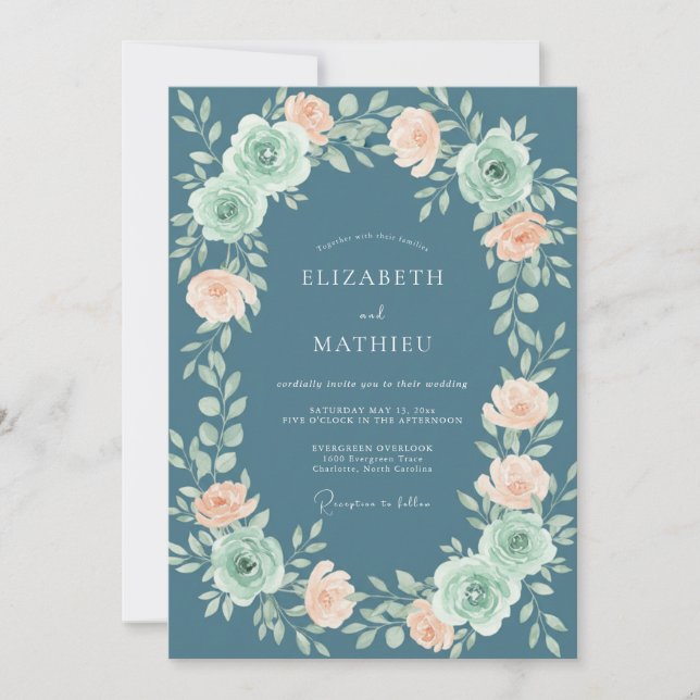 Slate Coral Ranunculus Grey Eucalyptus Wedding Invitation (Front)