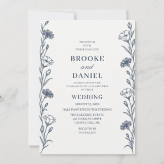 Slate Cornflower Lisianthus Line Art Wedding Invitation
