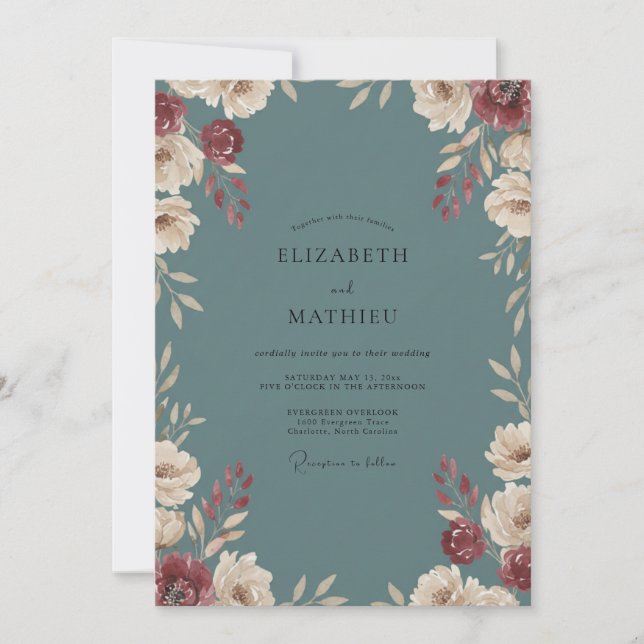 Slate Crimson Blossom Wedding Invitation (Front)