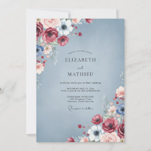 Slate Crimson Peony Wedding Invitation