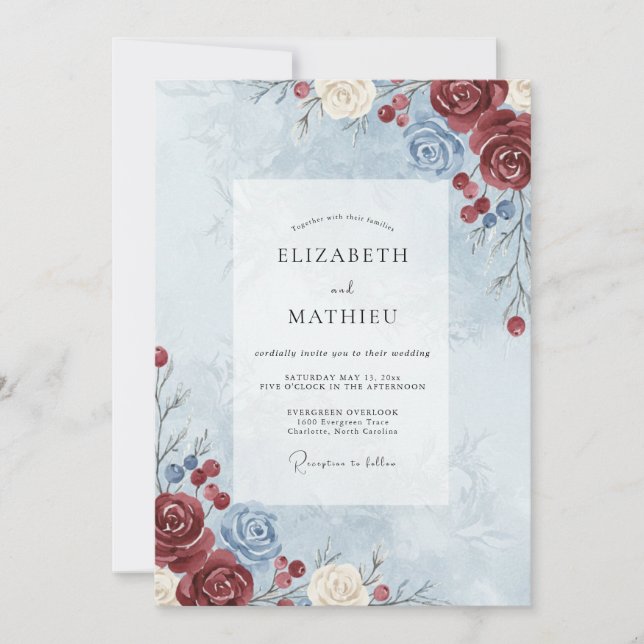 Slate Deep Burgundy Peony Wedding Invitation (Front)
