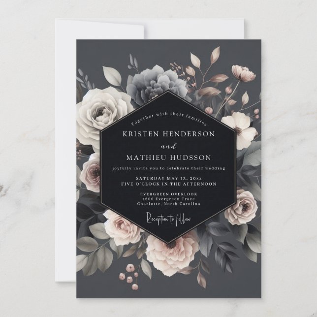 Slate Dramatic Flora Wedding Invitation (Front)