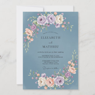 Slate Dusty Mauve Peony Wedding Invitation