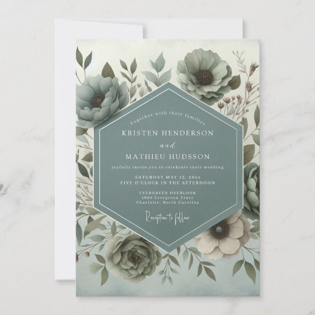 Slate Faded Botanical Wedding Invitation (Front)