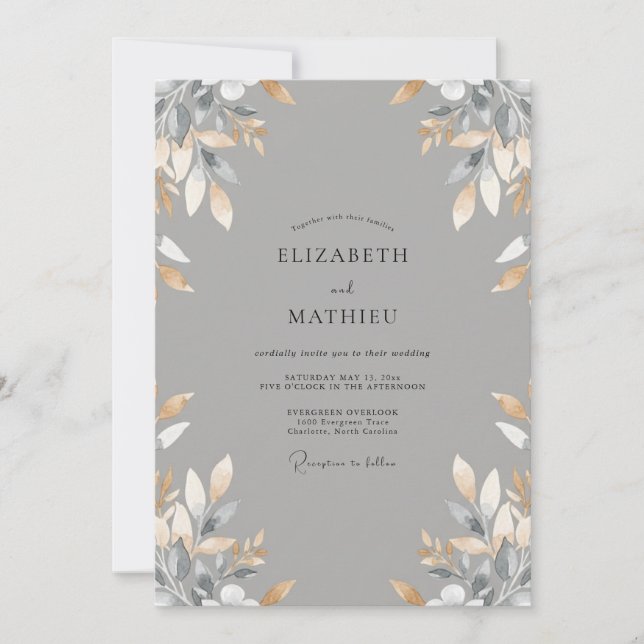 Slate Gold Leafy Wedding Invitation (Front)