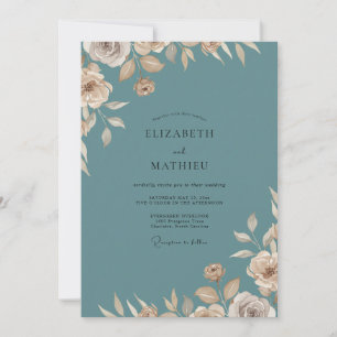 Slate Golden Champagne Leaf Wedding Invitation