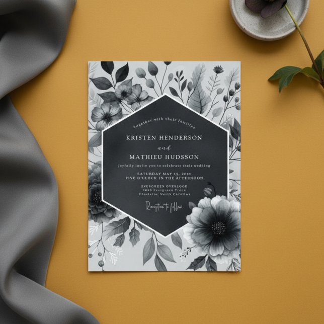 Slate Gray Botanical Bloom Wedding Invitation (Creator Uploaded)
