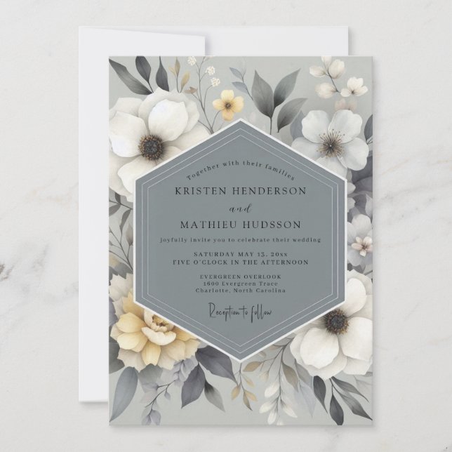 Slate Gray Floral Bloom Wedding Invitation (Front)