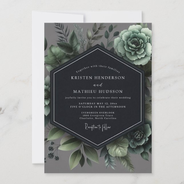 Slate Green Botanical Romance Wedding Invitation (Front)
