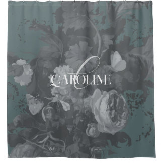 Slate Green Vintage Floral Still Life Stylish Shower Curtain