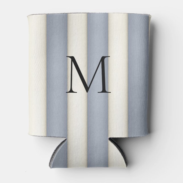 Slate Grey & Antique White Stripes Monogrammed Can Cooler (Front)