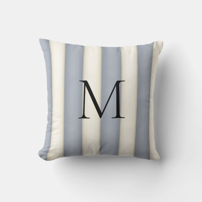 Slate Grey & Antique White Stripes Monogrammed Cushion (Front)