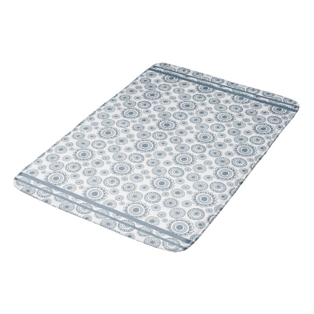 Slate Grey Blue Circle Flower Pattern  Shower Curt Bath Mat (Angled)