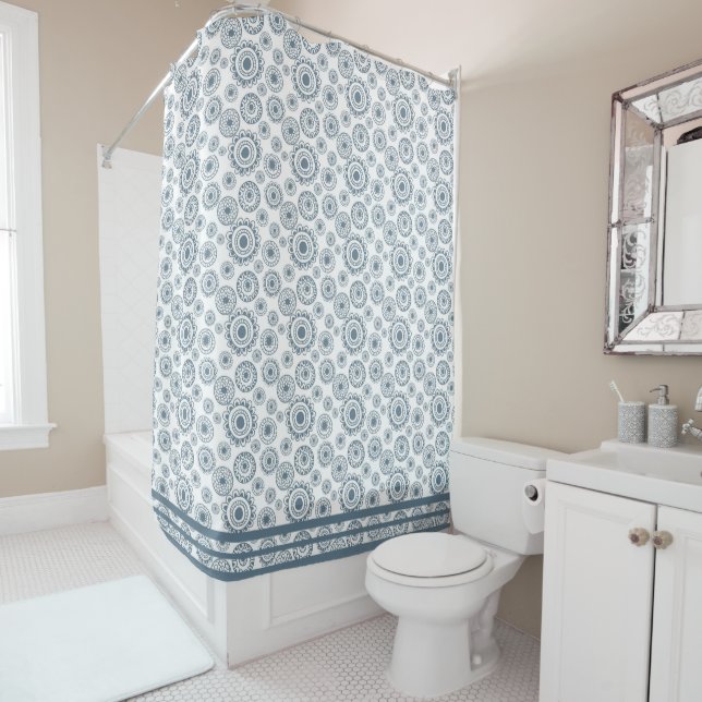 Slate Grey Blue Circle Flower Pattern  Shower Curtain (In Situ)