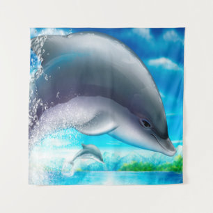 Slate Grey Blue Ocean Dolphins Tapestry