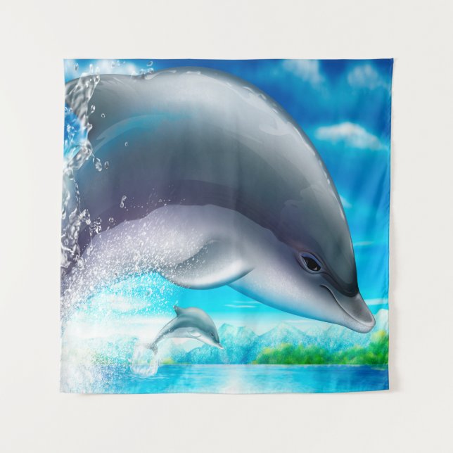 Slate Grey Blue Ocean Dolphins Tapestry (Front)