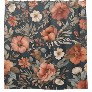 Slate Grey Burnt Orange Dark Cottagecore Floral Shower Curtain