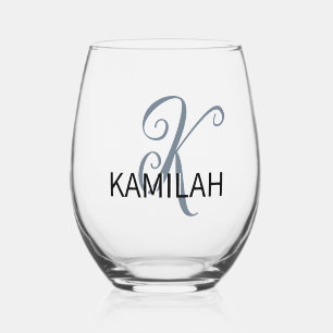 Slate Grey Elegant Initial Black Name Modern Stemless Wine Glass