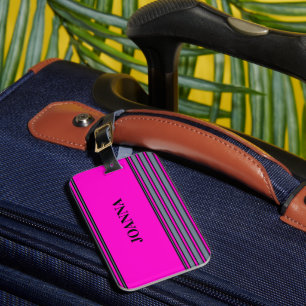 Slate Grey Fuchsia Elegant Stripes Name  Luggage Tag