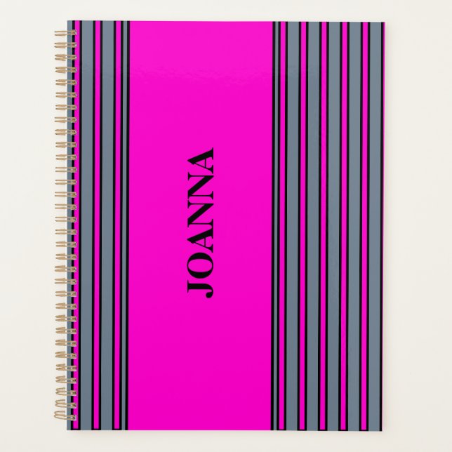 Slate Grey Fuchsia Elegant Stripes Name  Planner (Front)