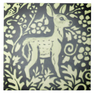 Slate Grey Green Fawn Deer Floral Woodland Nature Tile