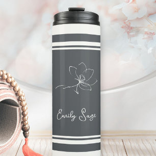 Slate Grey Ivory Floral Line Art Striped Thermal Tumbler