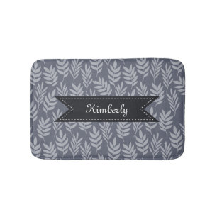 Slate Grey Leaves Elegant Pattern With Luxe Name Bath Mat