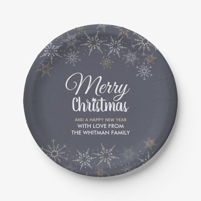 Slate Grey Merry Christmas Snowflakes Paper Plate (Front)