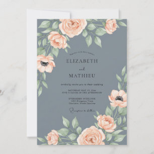 Slate Grey Peach Watercolor Floral Wedding Invitation