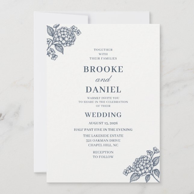 Slate Hydrangea Botanical Line Art Wedding Invitation (Front)