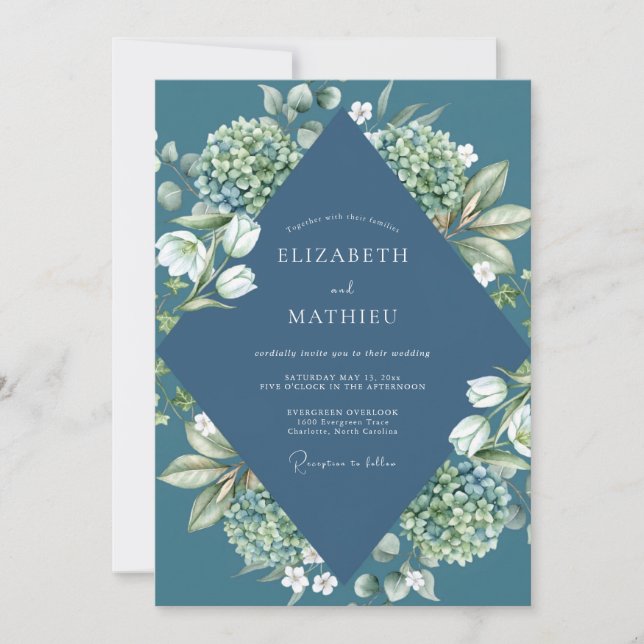 Slate Hydrangea Tulip Eucalyptus Wedding Invitation (Front)