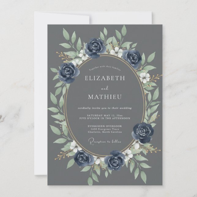 Slate Indigo Foliage Eucalyptus Wedding Invitation (Front)