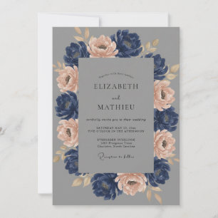 Slate Indigo Peony Wedding Invitation
