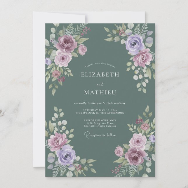 Slate Lavender Ranunculus Eucalyptus Wedding Invitation (Front)