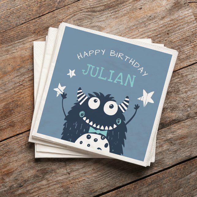 Slate | Little Monster Personalised Birthday Party Napkin (Creator Uploaded)