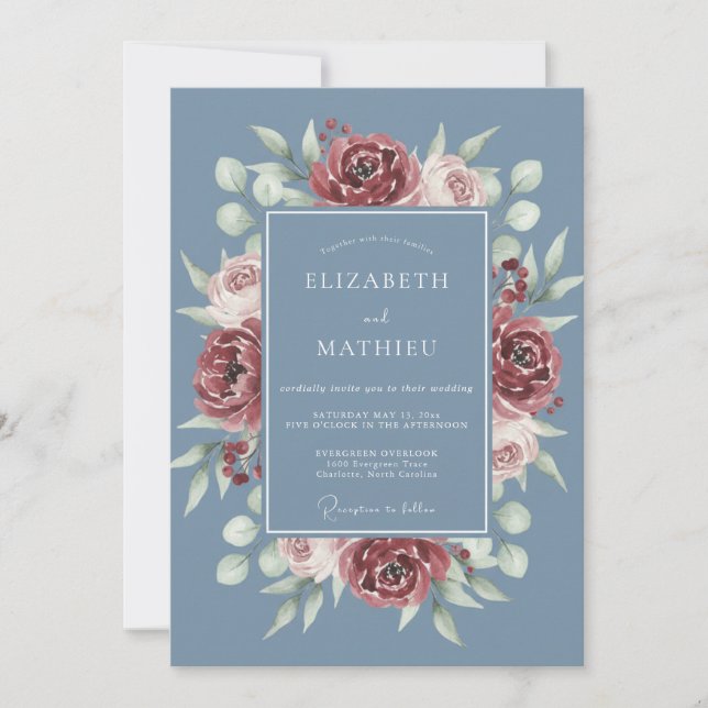 Slate Maroon Ranunculus Eucalyptus Wedding Invitation (Front)