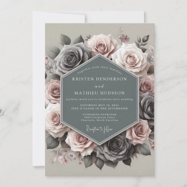 Slate & Mauve Somber Rose Wedding Invitation (Front)