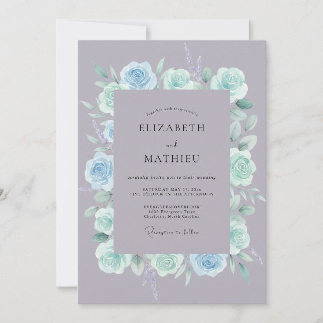 Slate Mint Ranunculus Eucalyptus Wedding Invitation (Front)