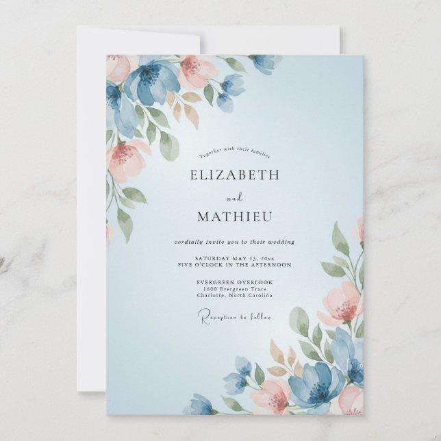 Slate Muted Mauve Leafy Wedding Invitation (Front)