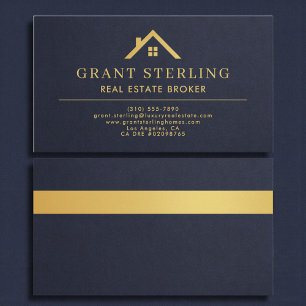 Slate Navy Blue Gold House Real Estate Broker  Business Card